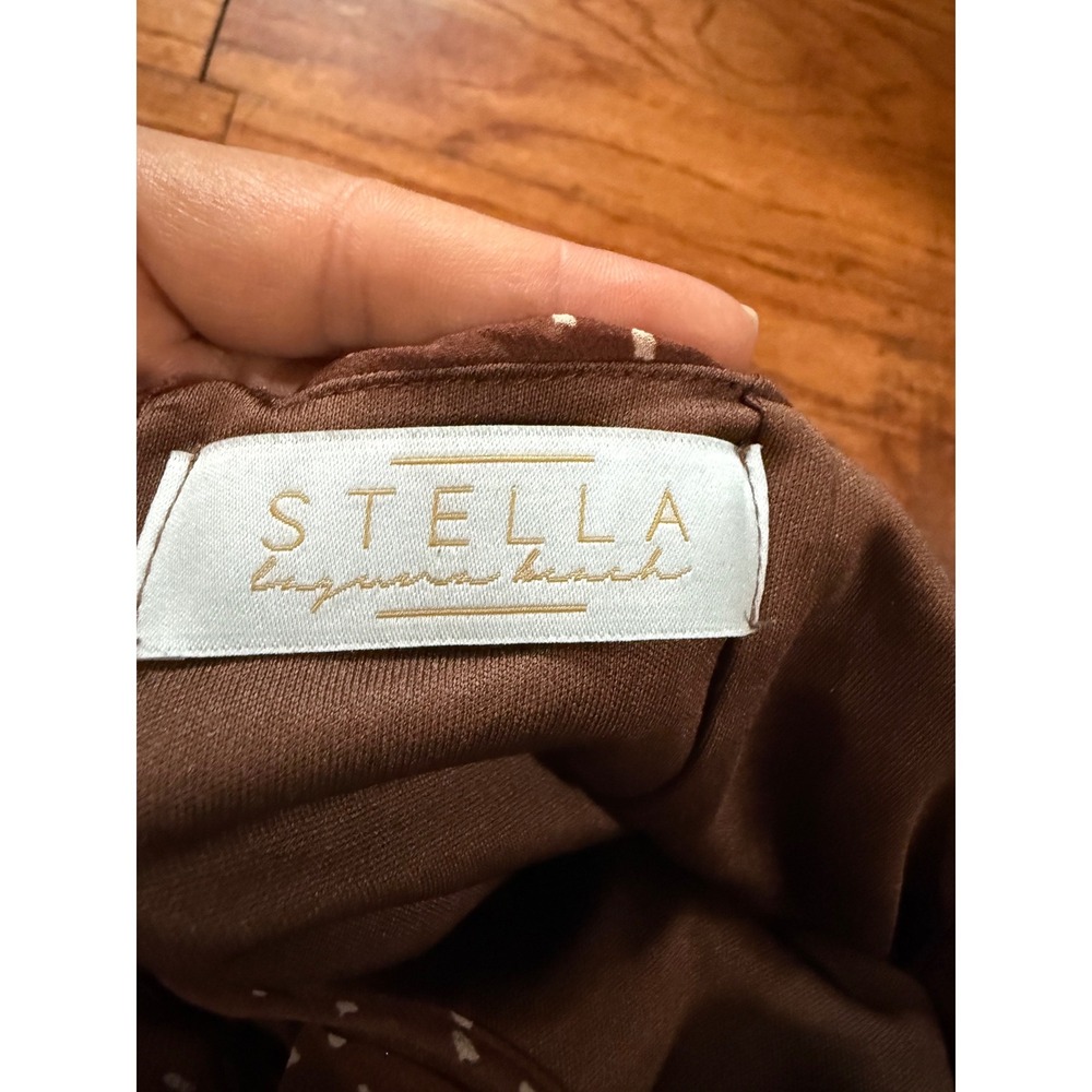 Stella Laguna Beach Brown Dotted Ruched Puff Sleeve Lace Up Mini Dress Medium - Picture 3 of 8
